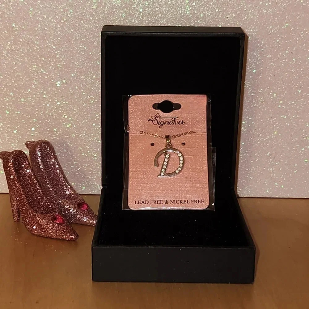 NWT Silver "D" Pendant Necklace Round Cut Cubic Zirconia Charm